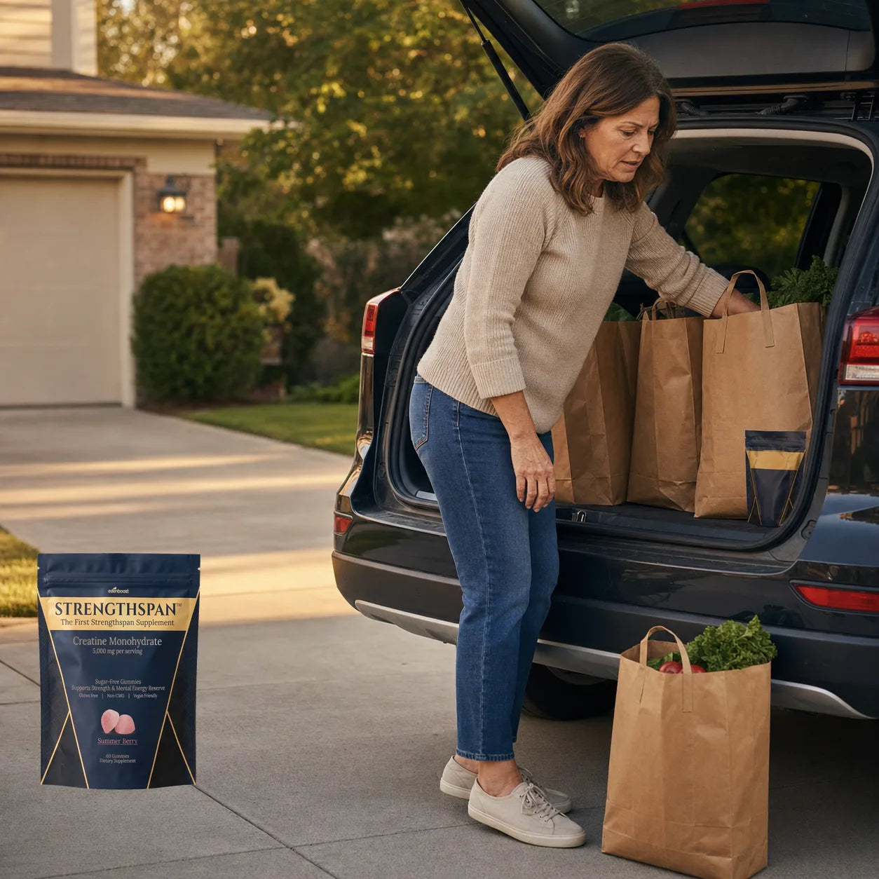 Woman pulling grocery bags from car trunk, Strengthspan bag beside her
