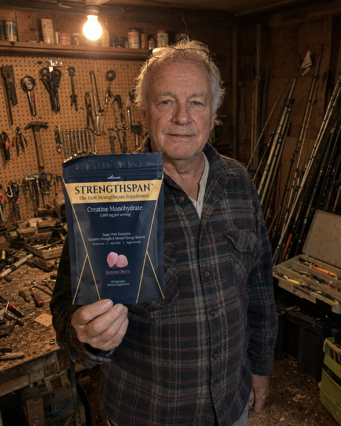 Person holding a Strengthspan bag in a home workshop