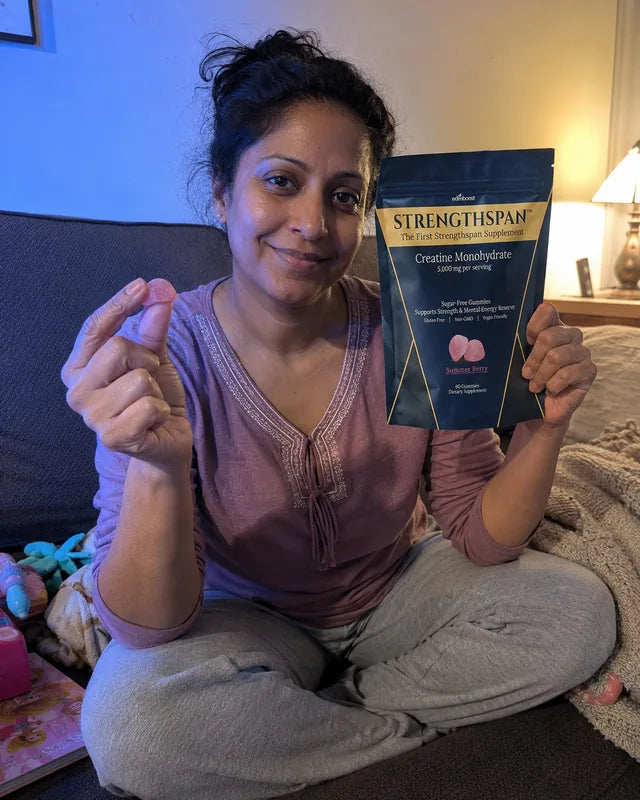 Person on a living-room couch holding a Strengthspan bag and a gummy