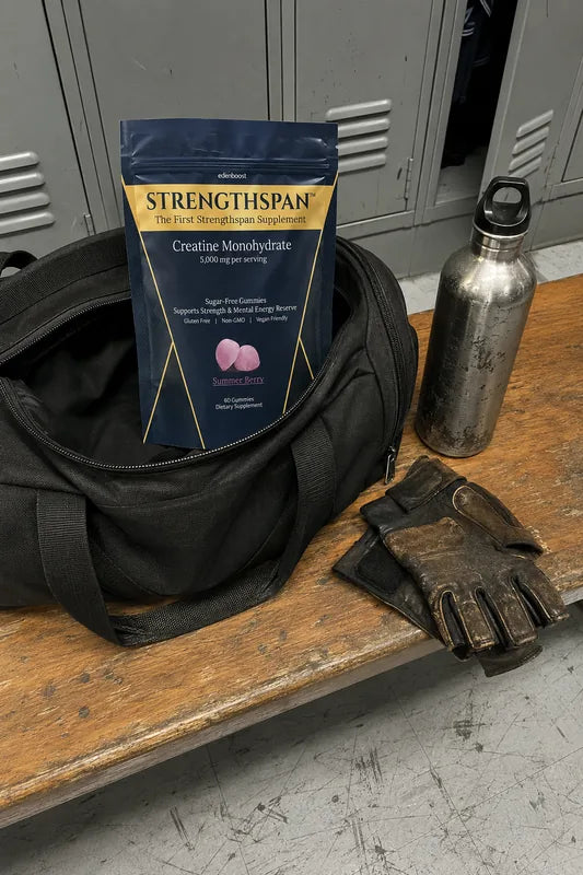 Strengthspan bag poking out of an open gym duffel on a locker-room bench beside a water bottle and lifting gloves