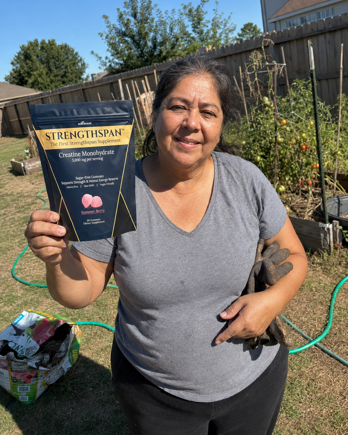 Person holding a Strengthspan bag in a backyard vegetable garden