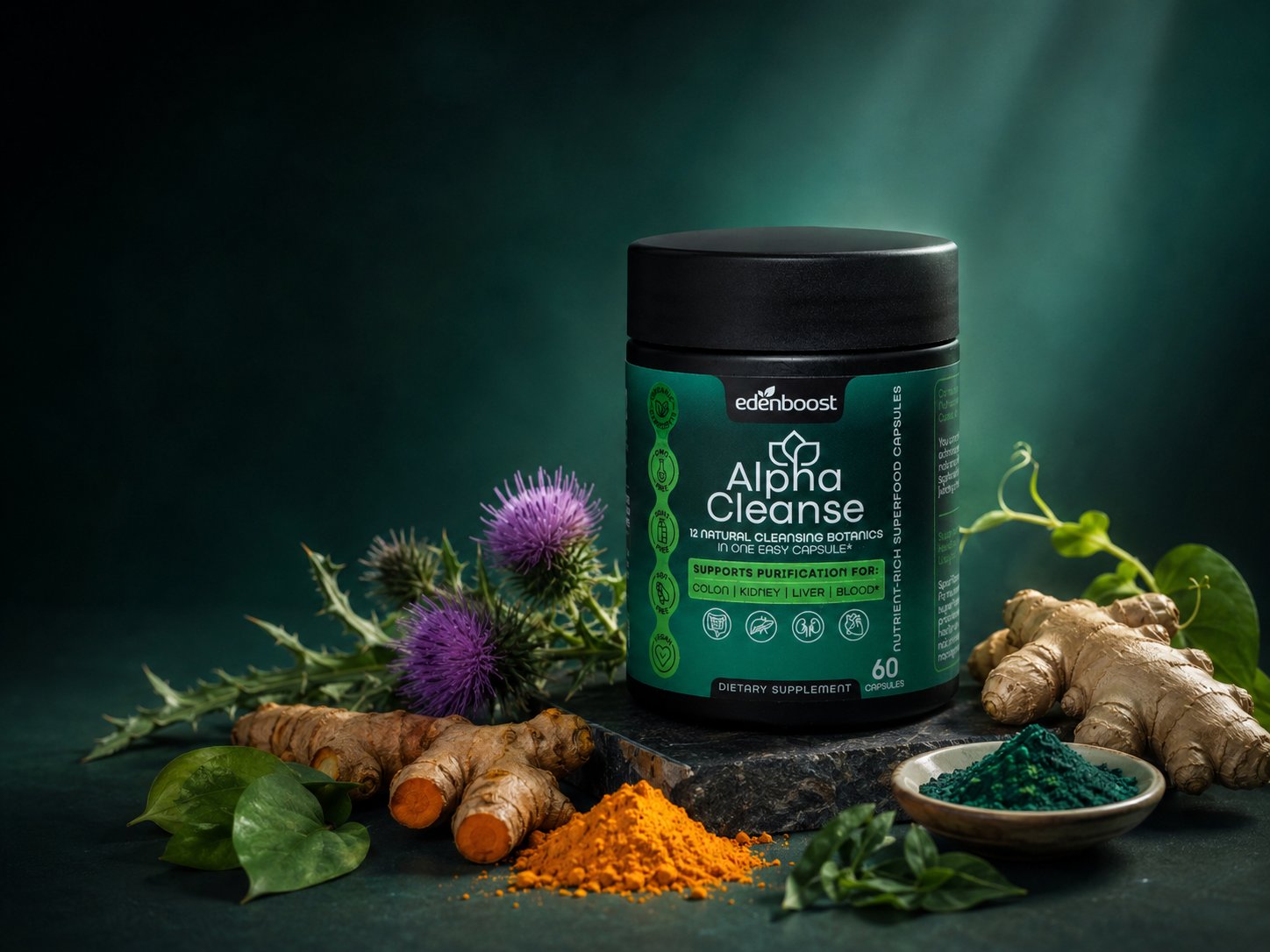 AlphaCleanse bottle with milk thistle, turmeric, ginger and spirulina in a studio setting