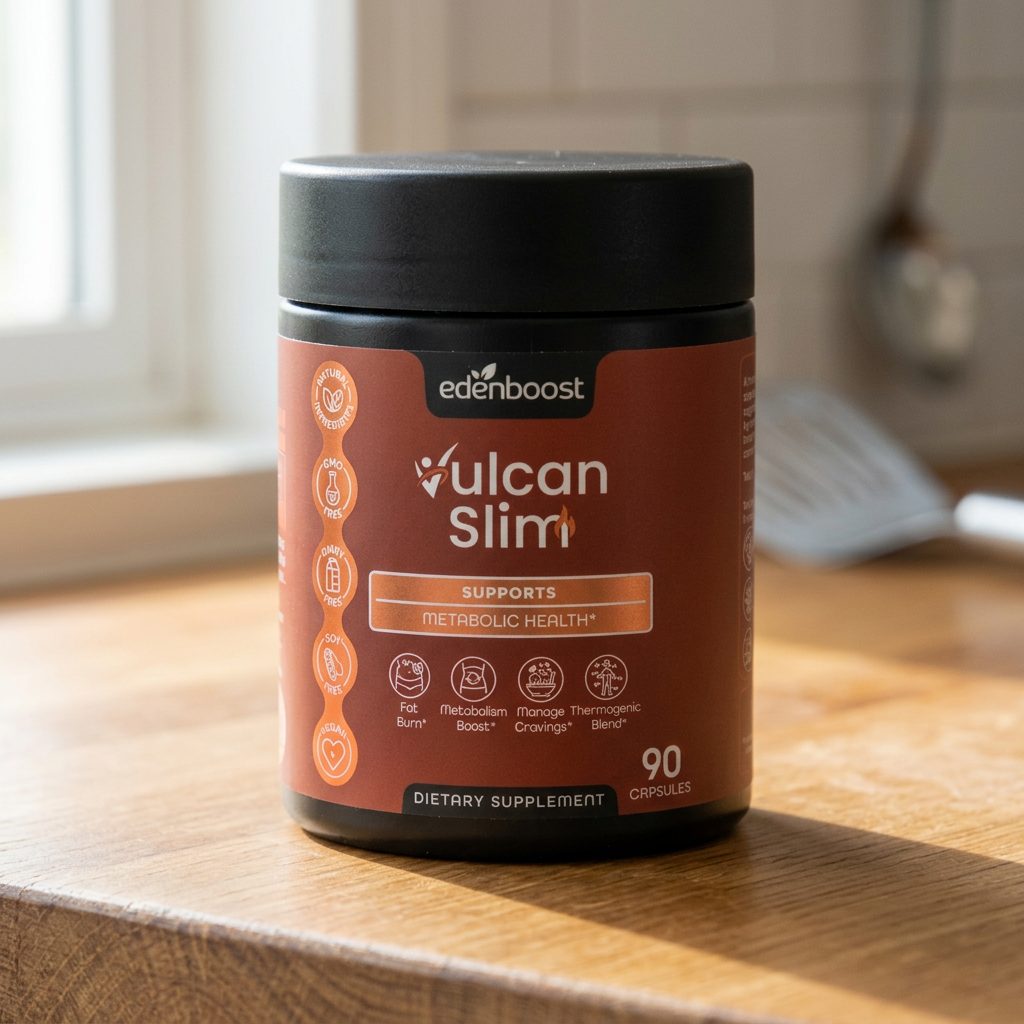 VulcanSlim by EdenBoost, a matte-black supplement jar with a rust-colored label, on a kitchen counter.