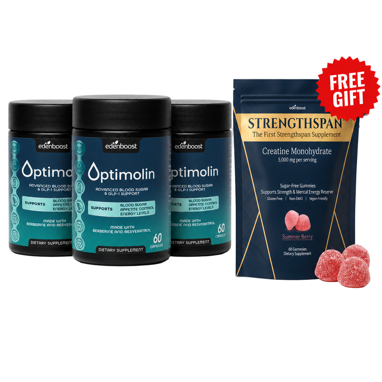 Optimolin 3 Bottles + free StrengthSpan gummies