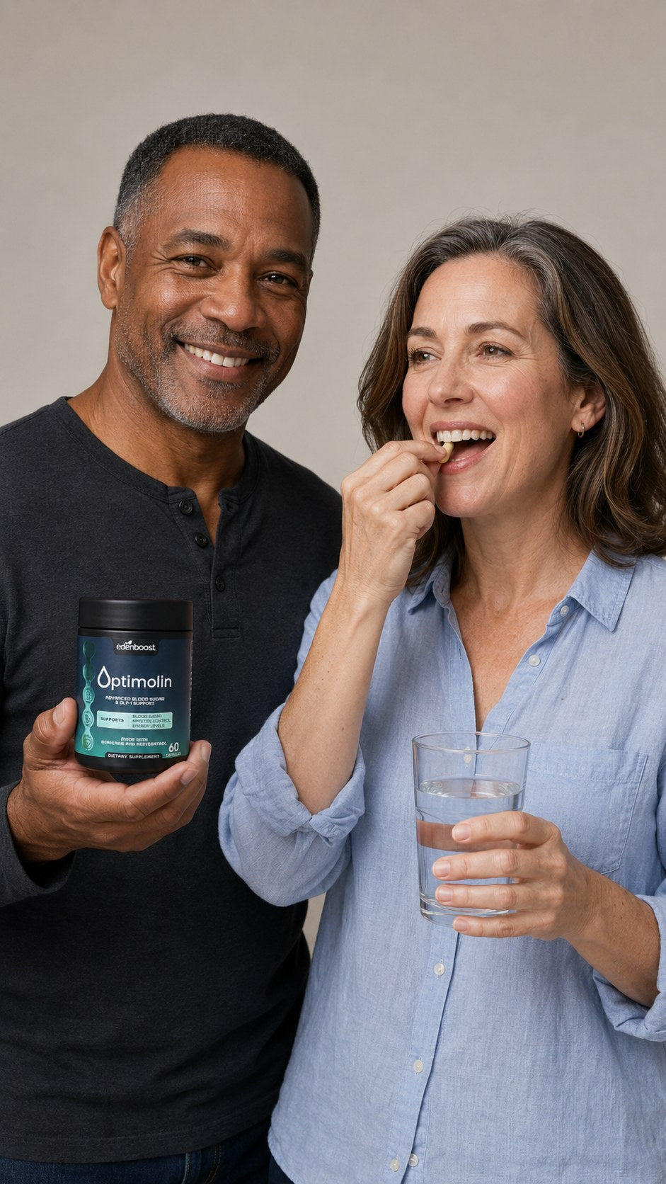 A man and woman in their 50s taking Optimolin together