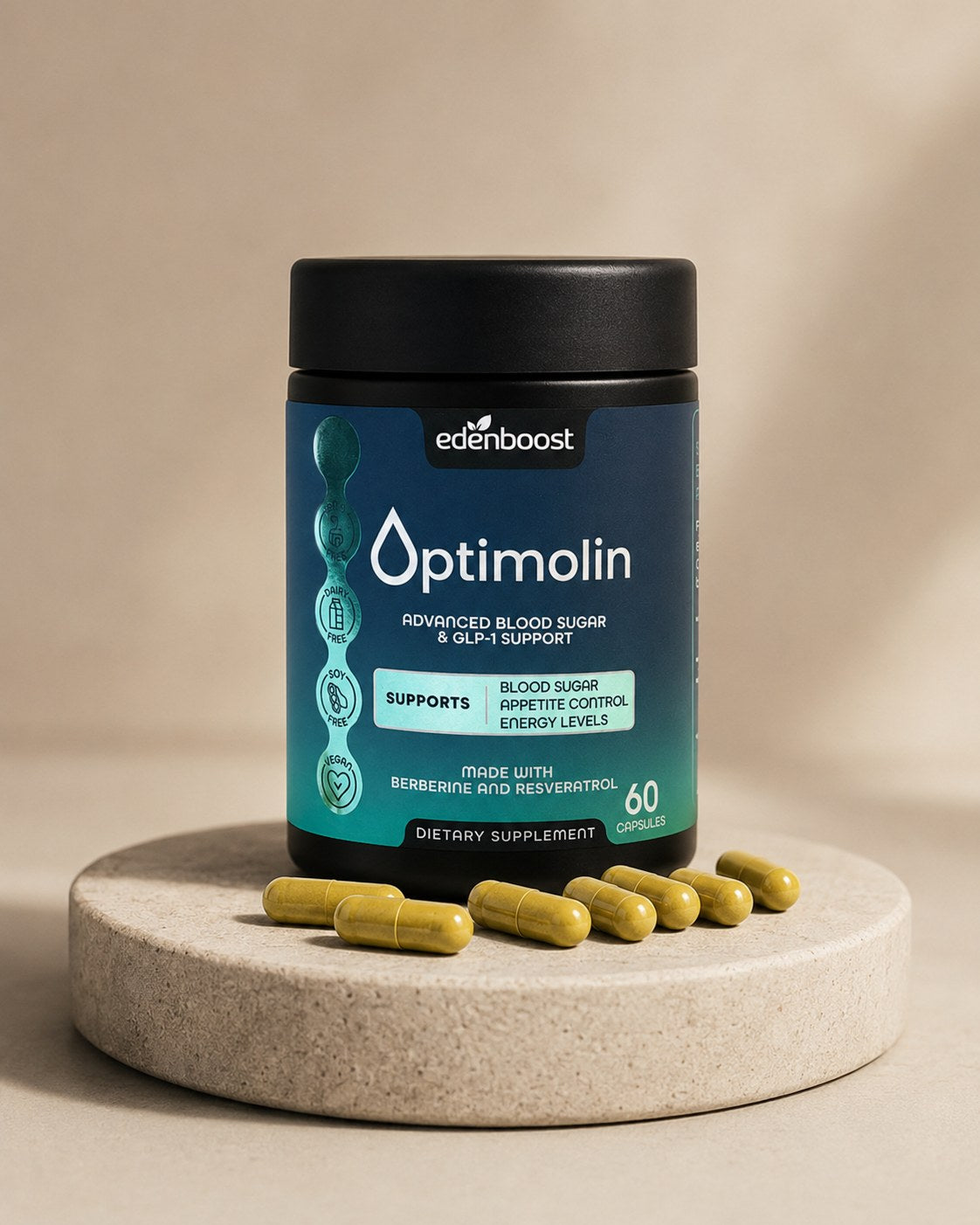 Optimolin bottle on a stone pedestal with capsules