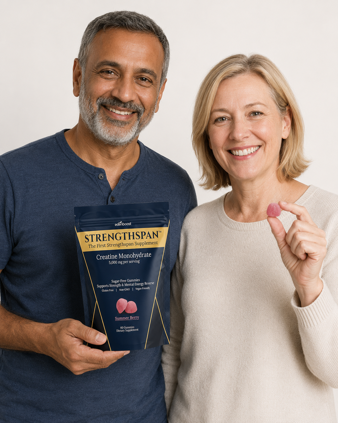 Two people holding a Strengthspan bag and a Summer Berry gummy in a studio