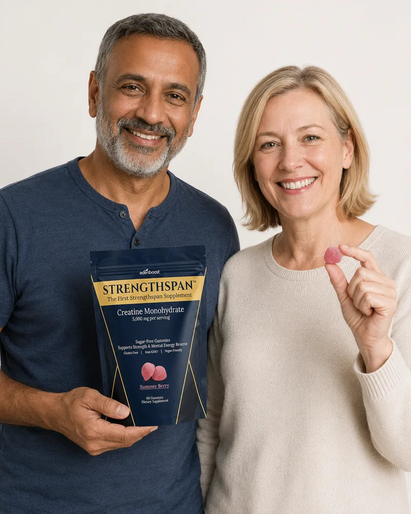 Two people holding a Strengthspan bag and a Summer Berry gummy in a studio