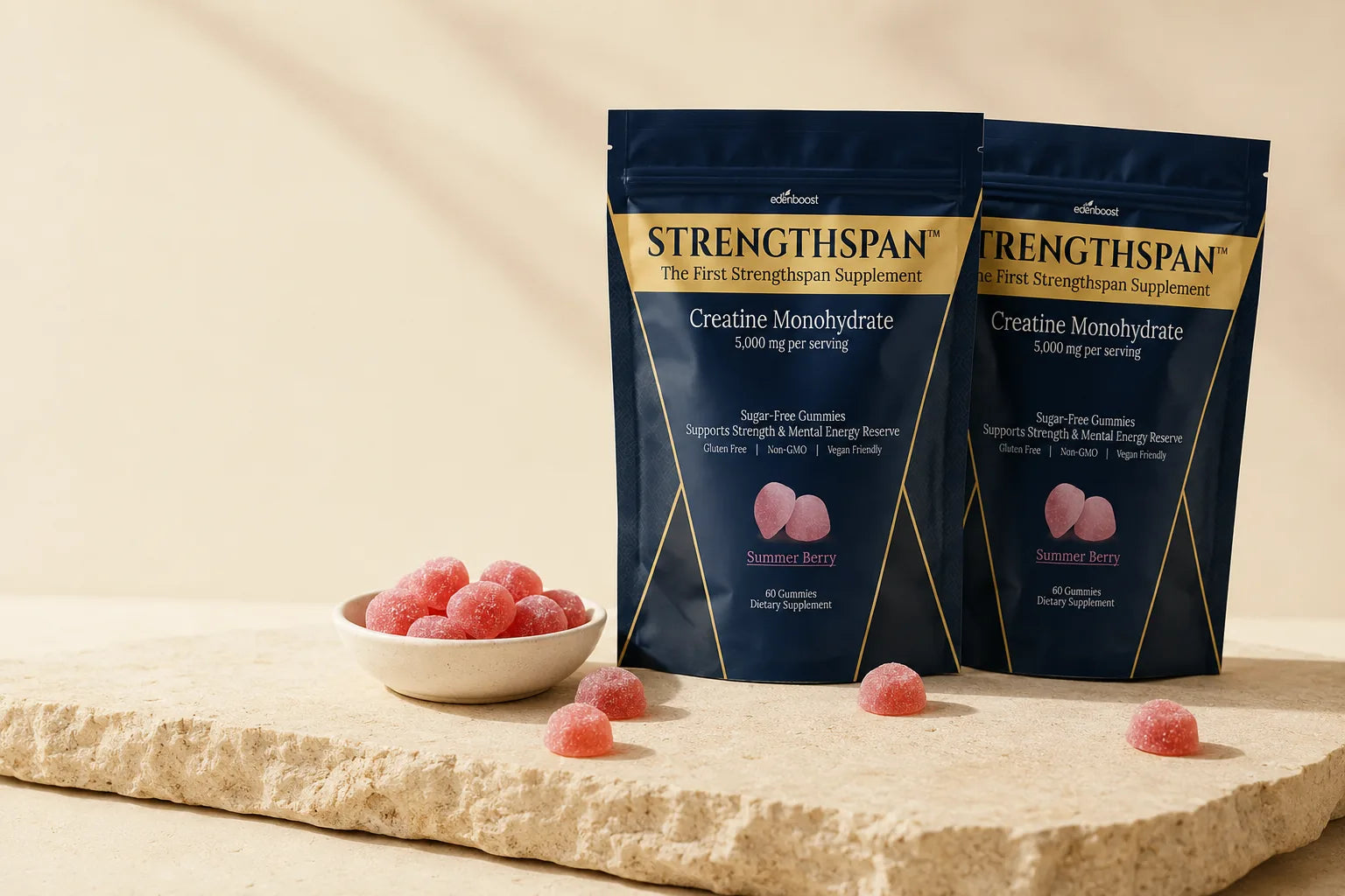 2 bags of Strengthspan sugar-free creatine gummies on a stone slab with a dish of Summer Berry gummies