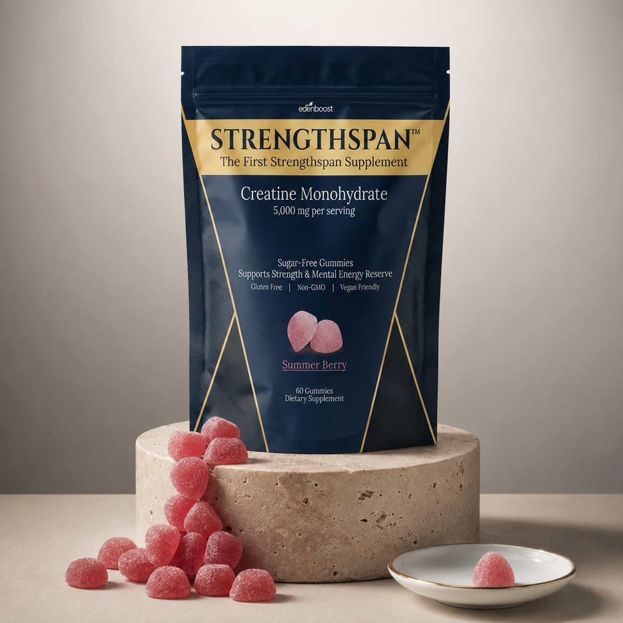 Strengthspan bag on a travertine pedestal with Summer Berry gummies