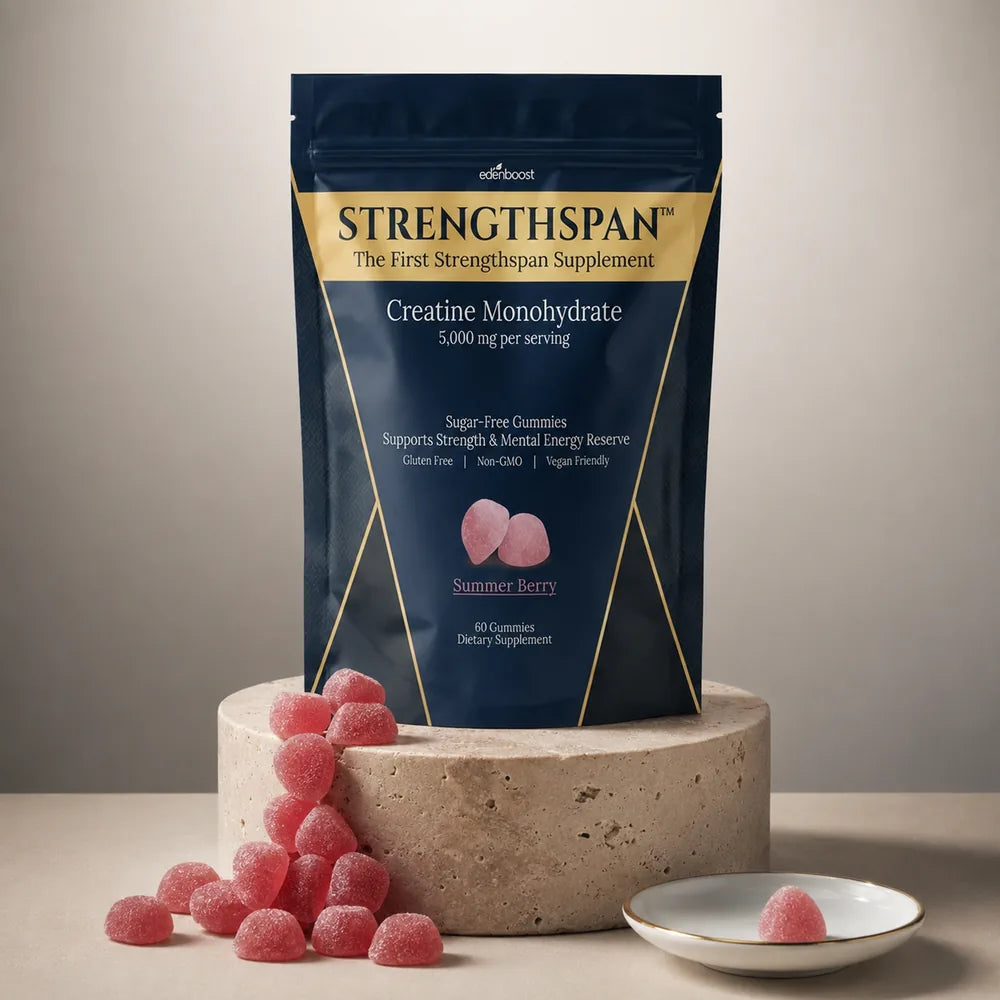 Strengthspan bag on a travertine pedestal with Summer Berry gummies