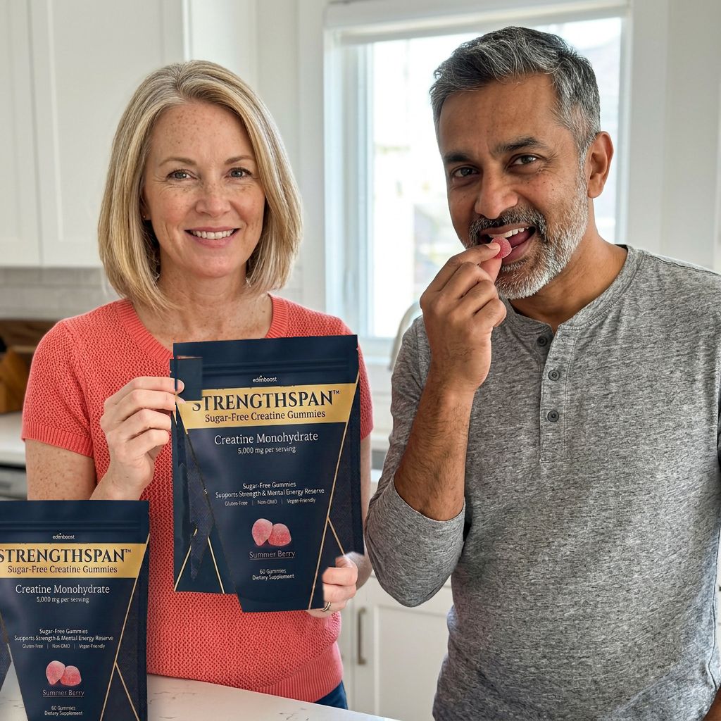 Couple aged 45 to 55 taking Strengthspan sugar-free creatine gummies