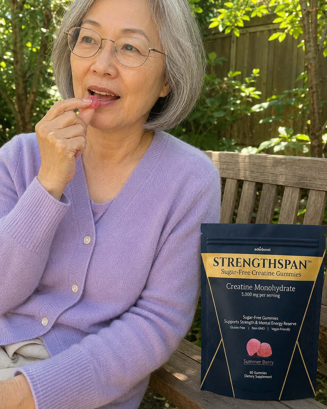 Eleanor, 62, in her garden with her daily Strengthspan gummies
